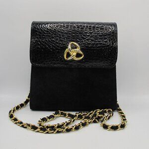 Vintage Magid black suede purse with leather flap and gold hardware